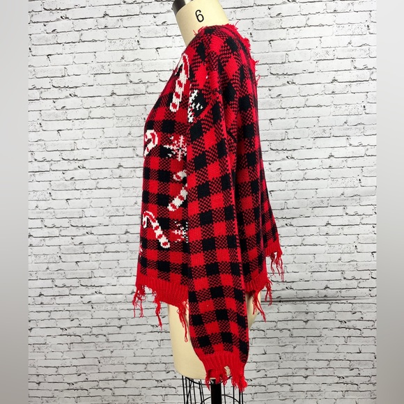 NWOT Christmas Sweater Red Plaid Distressed, Cropped, Candy canes and snowflakes - Picture 2 of 5